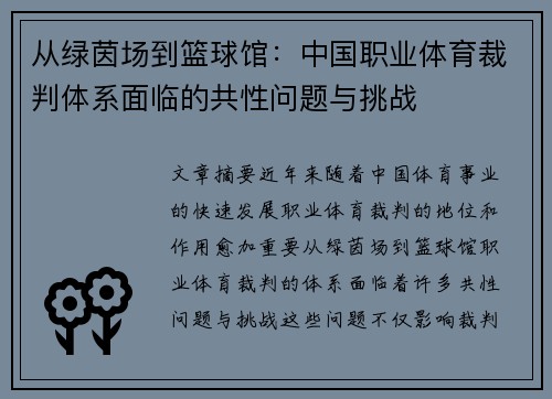从绿茵场到篮球馆：中国职业体育裁判体系面临的共性问题与挑战