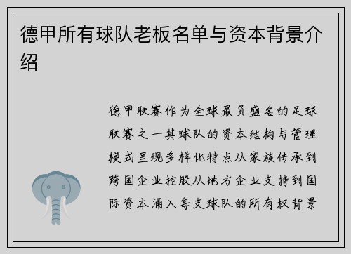 德甲所有球队老板名单与资本背景介绍