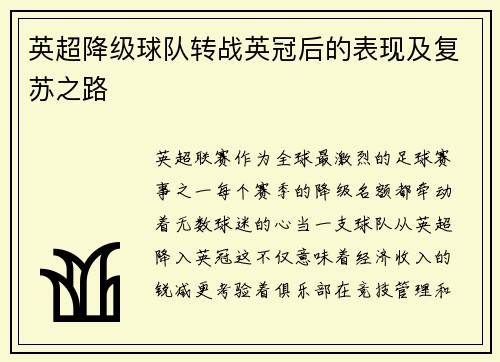 英超降级球队转战英冠后的表现及复苏之路